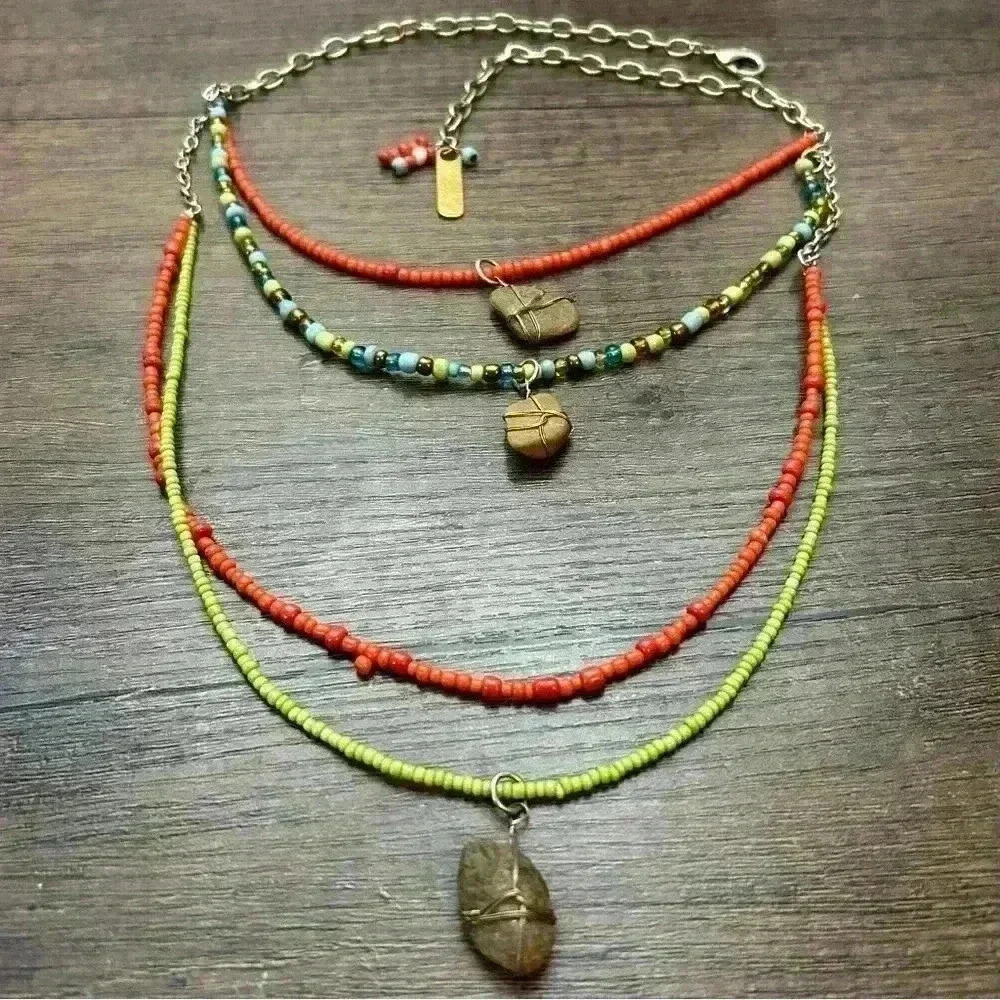 Bohemian Wrapped Rock Pendants 4 Beaded Strands Statement Necklace